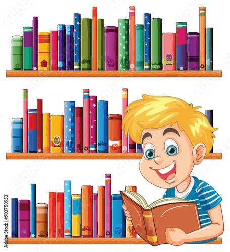 Boy Reading in a Library