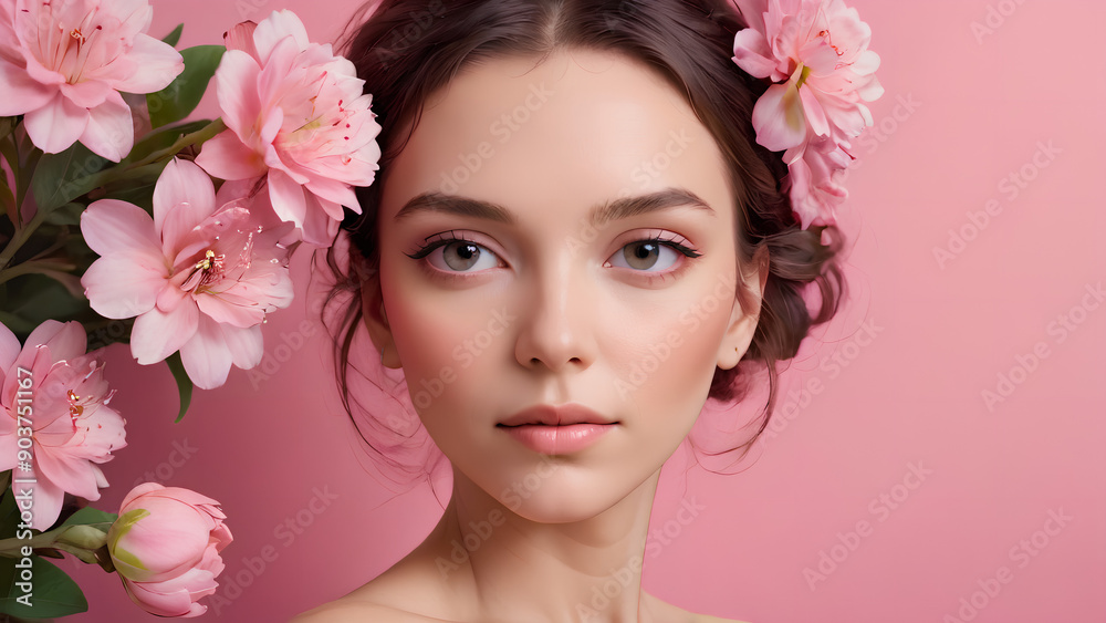 Close-up portrait of a woman with pink flowers Close-up portrait of a woman with pink flowers