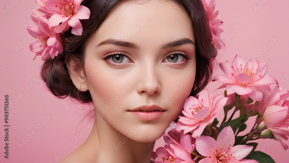 Close-up portrait of a woman with pink flowers Close-up portrait of a woman with pink flowers