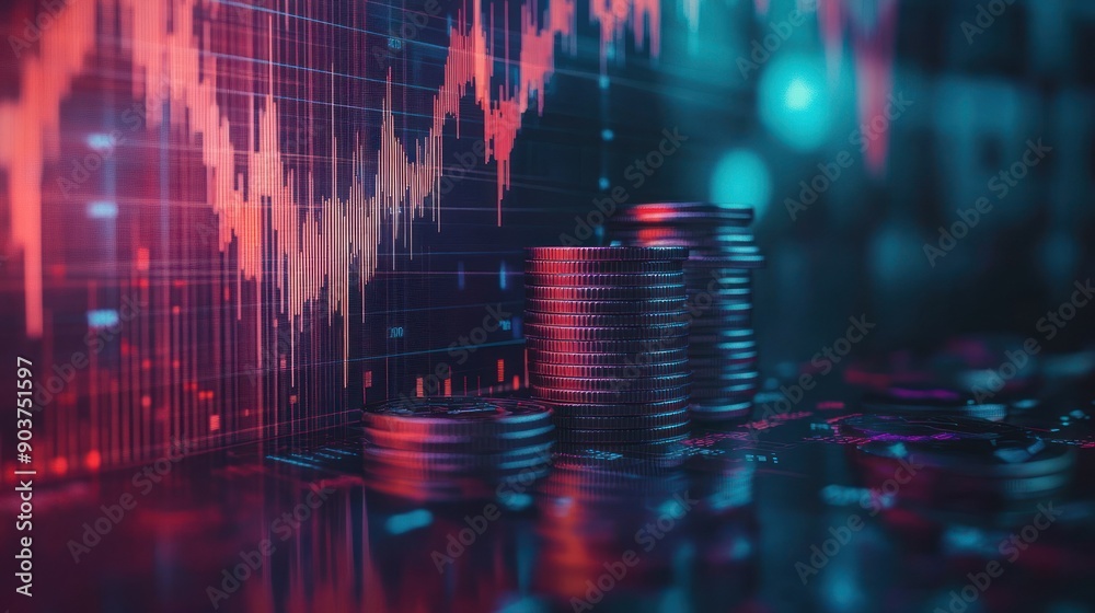 Stacks of Coins Against a Glowing Financial Chart Background Stacks of Coins Against a Glowing Financial Chart Background