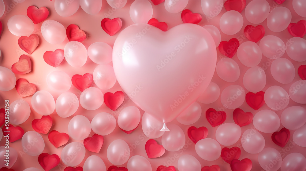 A whimsical arrangement of pink balloons and red heart shapes, perfect for romantic occasions and celebrations of love. A whimsical arrangement of pink balloons and red heart shapes, perfect for romantic occasions and celebrations of love.