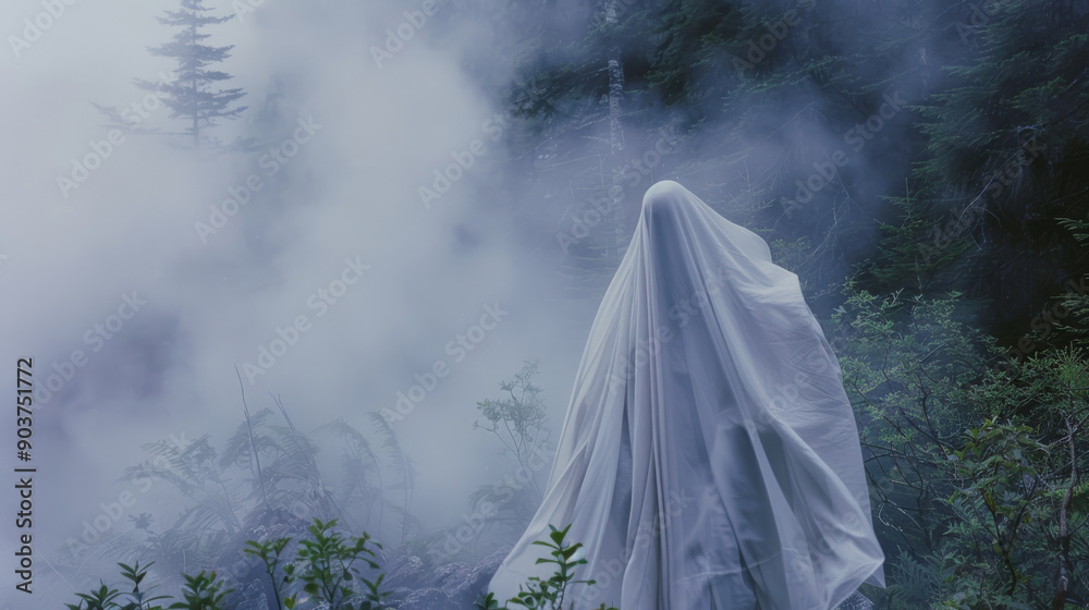 A ghostly figure cloaked in a billowing white sheet stands amidst a ...