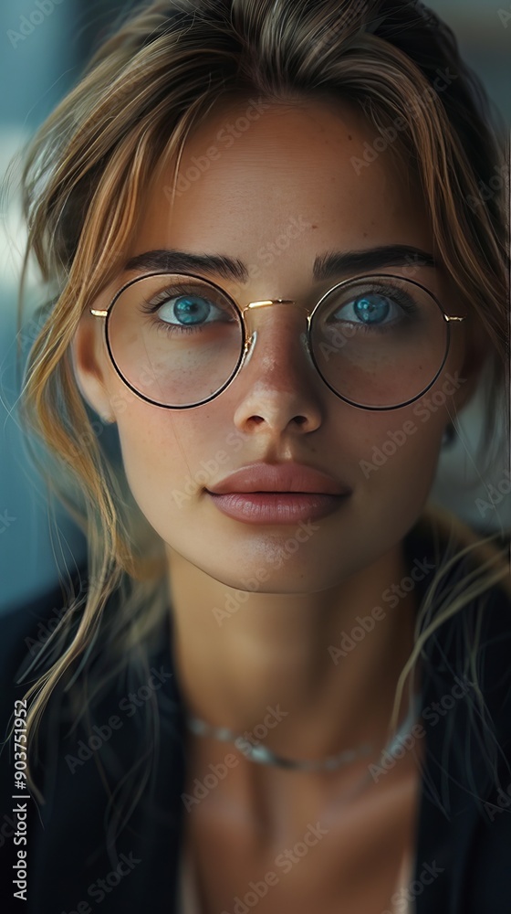 A woman with glasses and a necklace is smiling