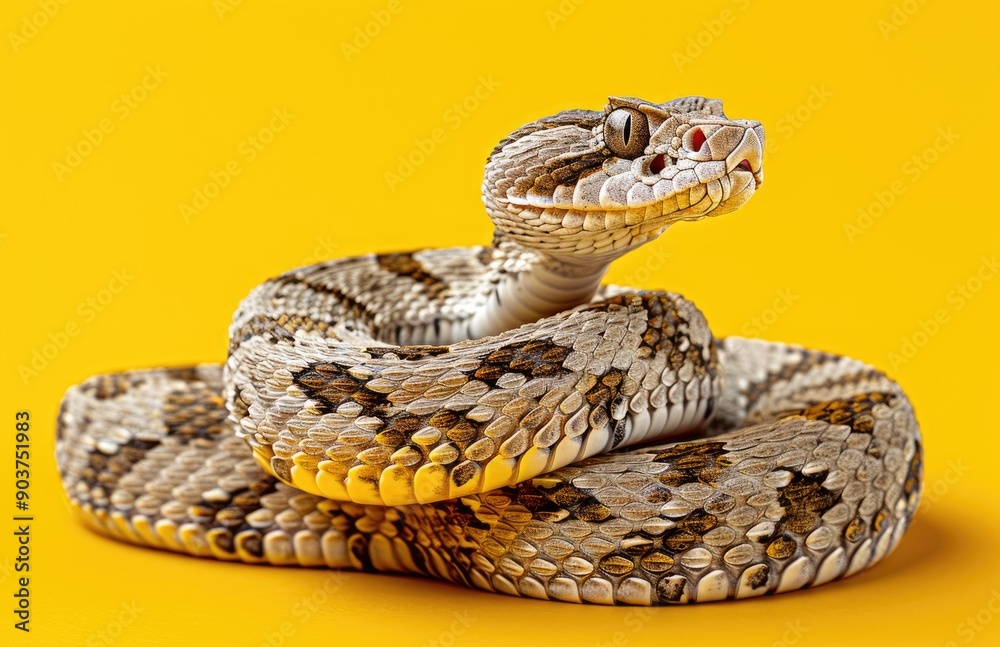 Obraz premium Photo of a rattlesnake on the ground, with its head raised and coiled around itself, on a yellow background. Wild animal photo. 