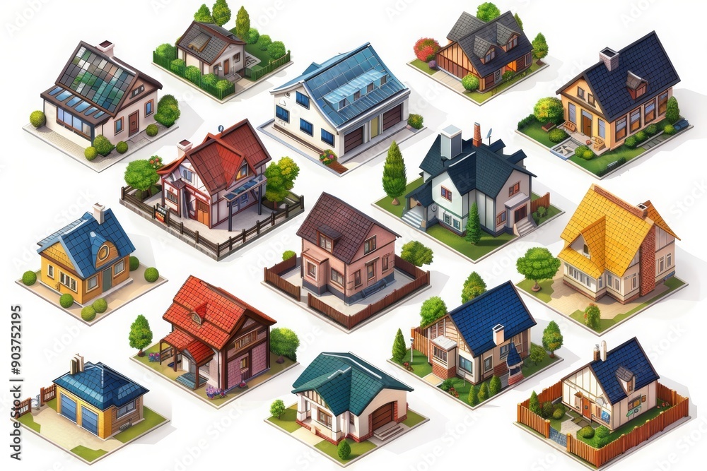 Collection of Colorful Suburban Houses in Isometric View Collection of Colorful Suburban Houses in Isometric View