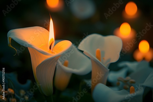 Ethereal Calla Lilies Illuminated by a Flickering Flame
