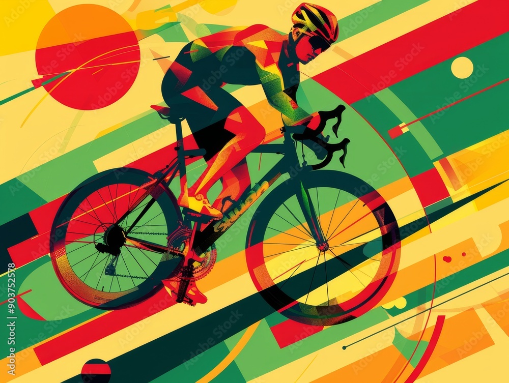 Fototapeta premium A man is riding a bicycle on a yellow background