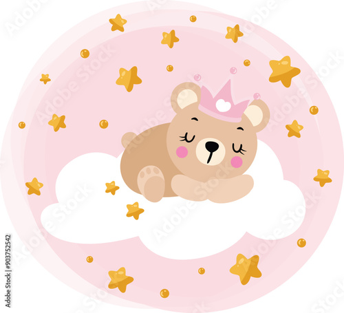 Pink illustration sweet dreams with princess teddy bear prince sleeping on cloud