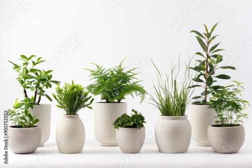 Indoor plants in white pots on a white background. This photo shows a variety of plants and pots for a home decor project. © SY