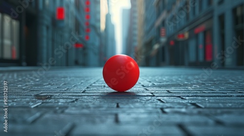 A red ball is sitting on a brick sidewalk in a city