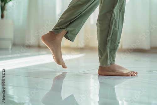 Close up focus on young female feet walking barefoot on clean tile floor at home. Young woman standing on warm floor indoors, underfloor heating concept. Woman's legs in bathroom. Floor heating