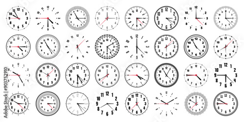 Mechanical clock faces with hands, bezel. Watch dial with minute, hour marks and numbers, arabic numerals. Timer or stopwatch element. Measuring circle scale with divisions. Vector illustration
