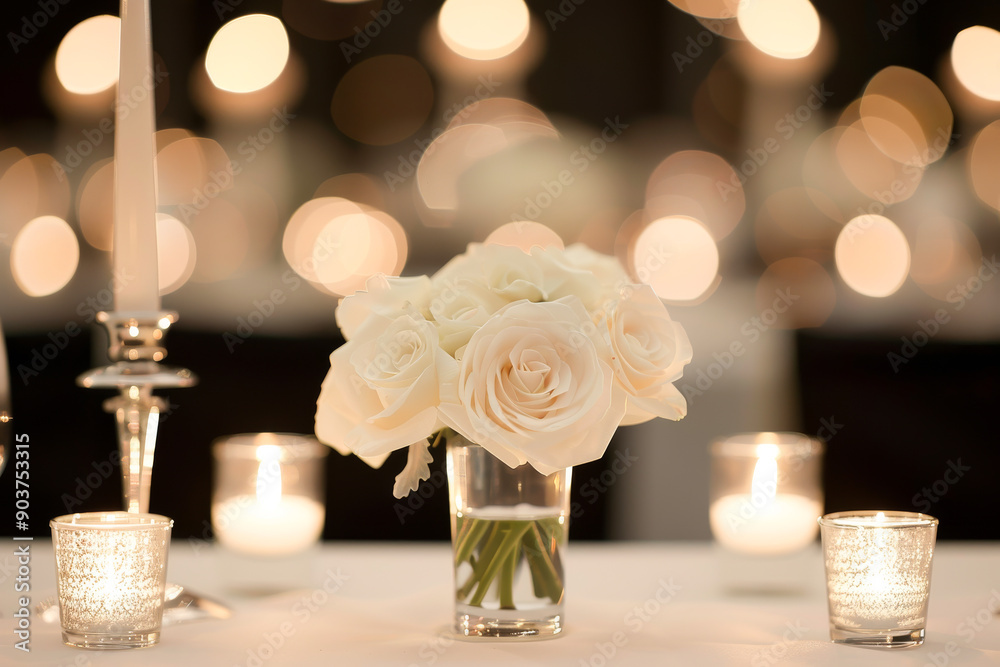 Fototapeta premium Elegant white roses arranged in a glass vase, surrounded by shimmering candles, creating a romantic and warm ambiance.