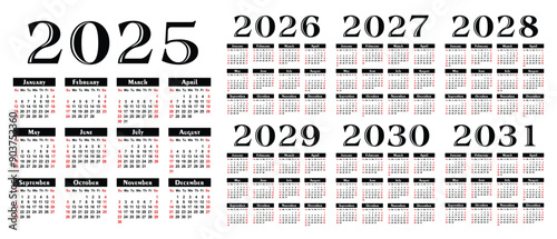 A set calendar templates for a year 2025 - 2031.