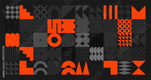 Brutalist geometric shapes, gray and orange symbols. Simple primitive elements and forms. Retro design, trendy contemporary minimalist style. Vector illustration