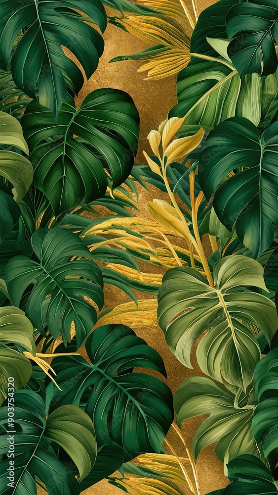 Fototapeta premium Wall paper, banner, phone case . A captivating artistic rendition of lush green leaves. The leaves, in various shades of green, overlap to create a dense, jungle-like pattern