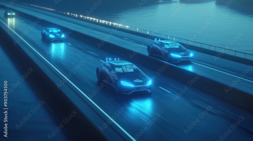 Futuristic Self-Driving Cars on a Highway at Night Futuristic Self-Driving Cars on a Highway at Night
