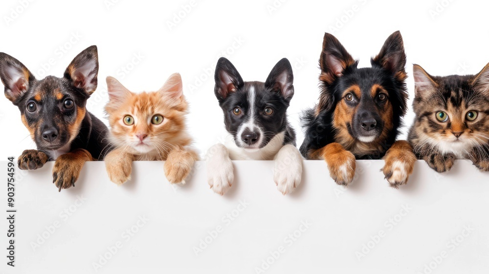 Five Pets Peeking Over a White Surface Five Pets Peeking Over a White Surface