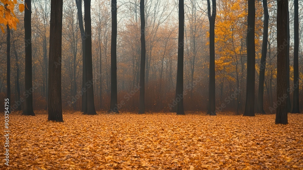 Obraz premium A serene forest scene featuring tall trees surrounded by orange autumn leaves under a misty atmosphere.