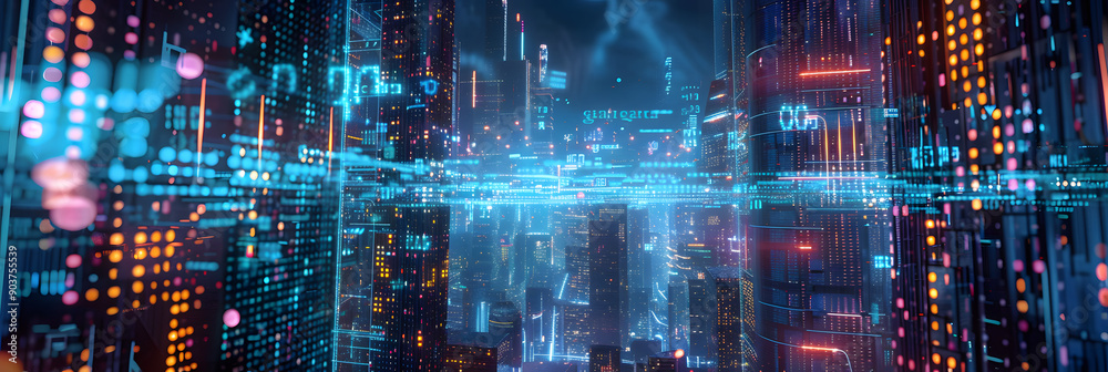 Fototapeta premium A futuristic cityscape with glowing neon lights and digital code patterns. AI technology in urban development
