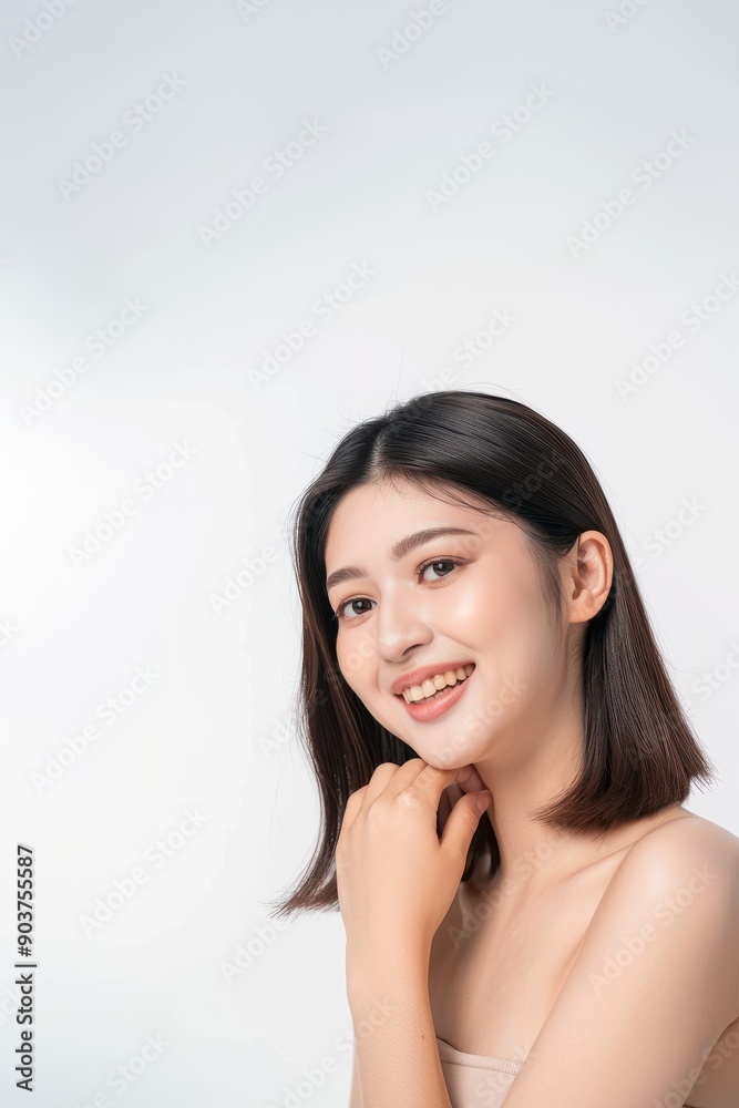 Beautiful smiling asian woman with shoulder length straight hair touching her neck isolated on white background, skincare, natural beauty, clean look Beautiful smiling asian woman with shoulder length straight hair touching her neck isolated on white background, skincare, natural beauty, clean look