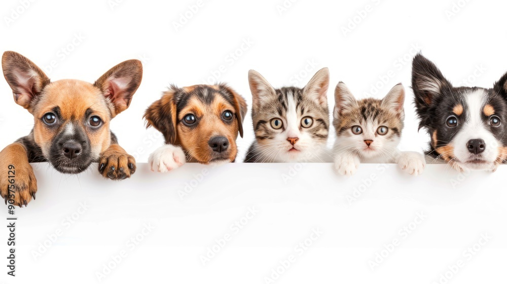 Four Puppies and Kittens Looking Over a Blank Sign Four Puppies and Kittens Looking Over a Blank Sign