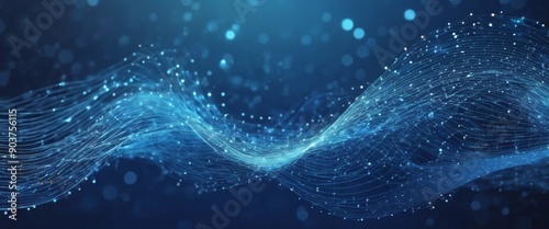 Abstract blue background network technology technology and communication connected dots and wave landscape. Telecommunication data science particles cyberspace metaverse