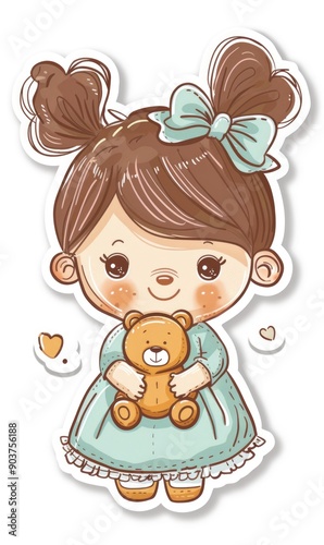 An illustration of a adorable girl in a dress holding a teddy bear.  Generate AI © VinaAmeliaGRPHIC