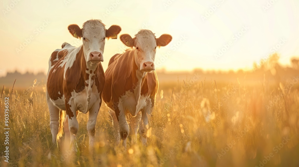 Two Brown and White Cows in a Field at Sunset Two Brown and White Cows in a Field at Sunset