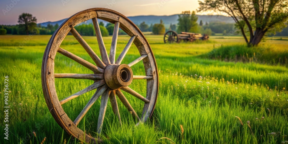 Rustic, weathered antique wagon wheel stands alone in a verdant meadow, its wooden spokes and metal rim worn smooth by years of farm labor. Rustic, weathered antique wagon wheel stands alone in a verdant meadow, its wooden spokes and metal rim worn smooth by years of farm labor.