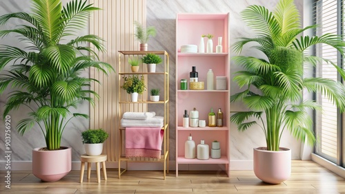 Pastel pink shelving unit in a serene bathroom setting, adorned with lush palm leaves, showcases an assortment of colorful cosmetics and skincare products. © Curie