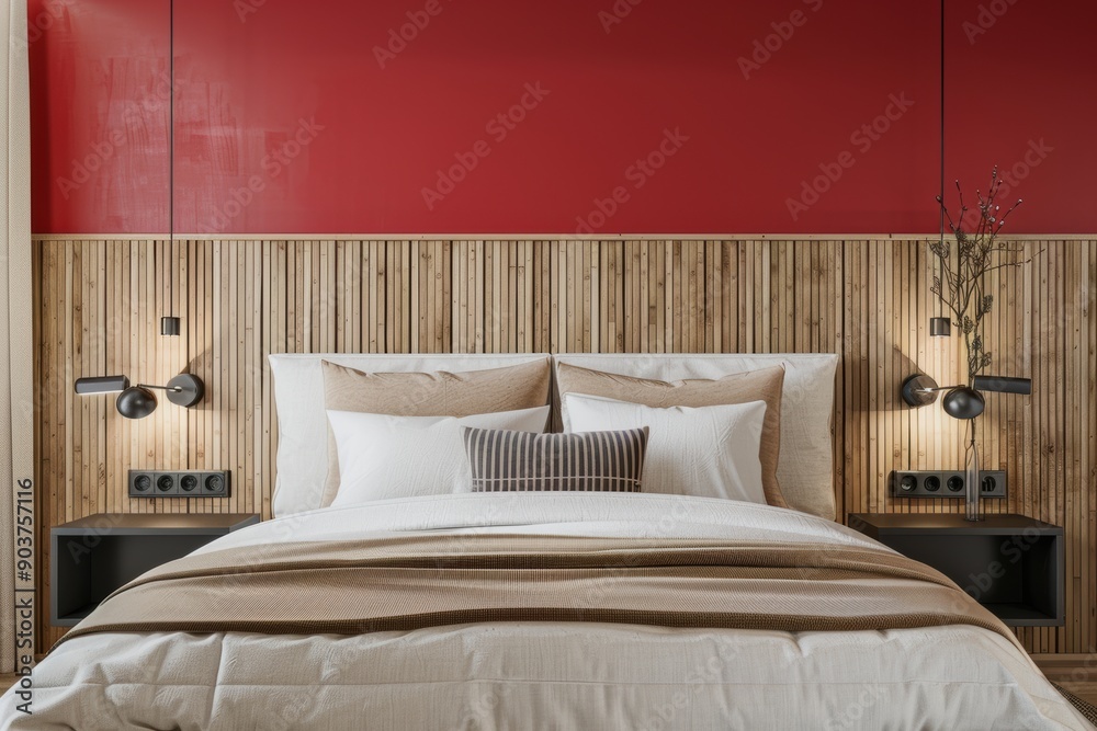 Red bedroom, white bed with wooden headboard and soft beige satin fabric sheets Red bedroom, white bed with wooden headboard and soft beige satin fabric sheets