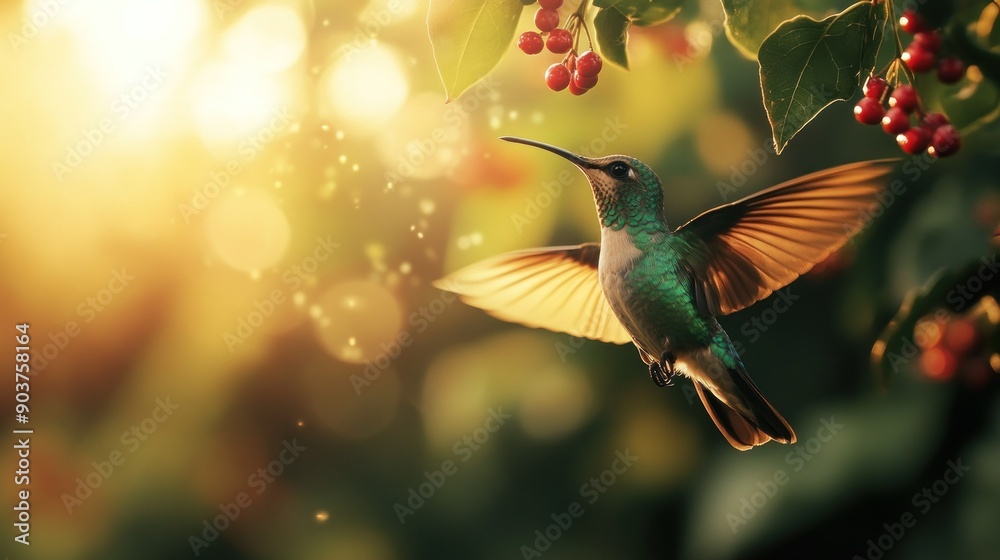 Fototapeta premium Hummingbird in Flight with Red Berries and Golden Sunlight