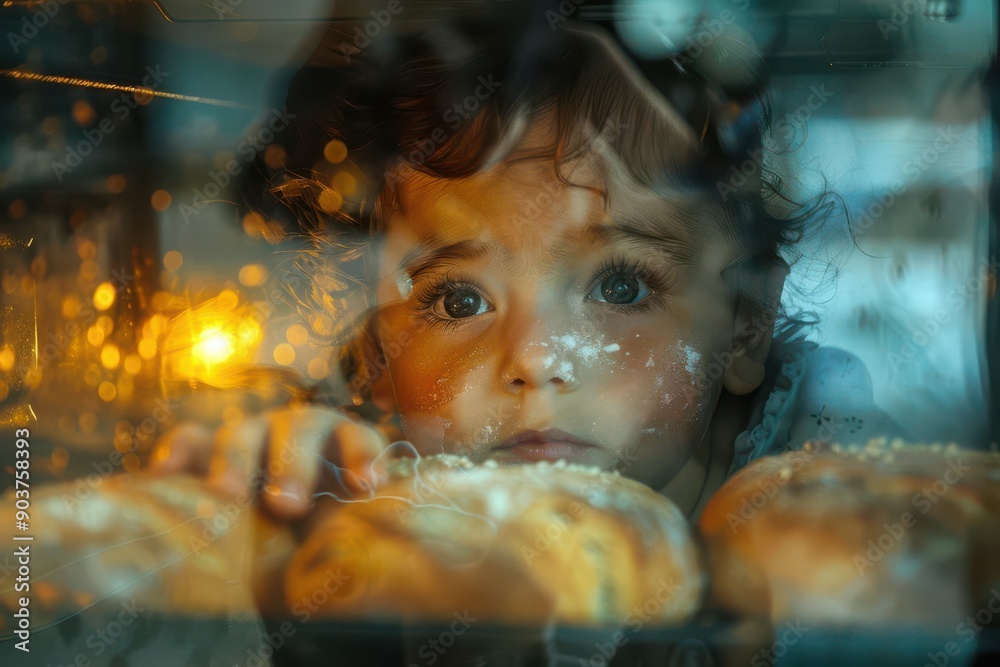 A child gazes longingly at pastries through a bakery window, their face reflecting the warm glow of the lights inside. A child gazes longingly at pastries through a bakery window, their face reflecting the warm glow of the lights inside.