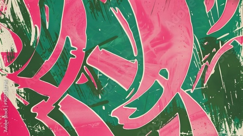 Abstract drawing of pink and green shapes on a green background, a silk screen, synchromism, woodcut photo