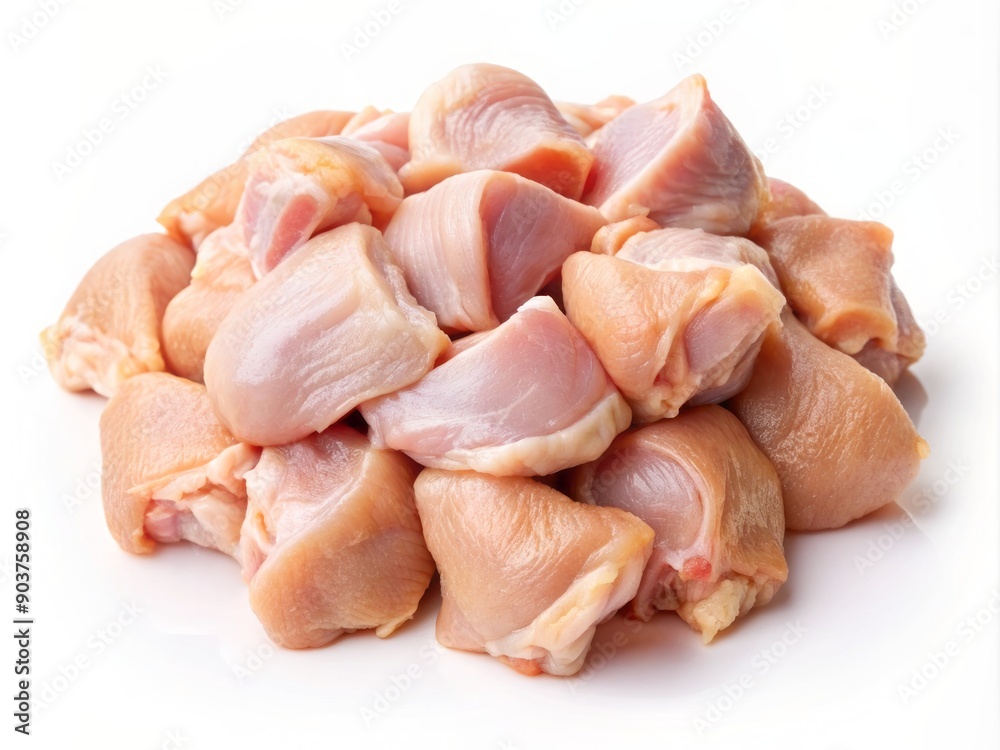 Freshly cut boneless chicken thigh pieces lay scattered on a clean white background, showcasing tender and juicy meat with slight pores and soft texture. Freshly cut boneless chicken thigh pieces lay scattered on a clean white background, showcasing tender and juicy meat with slight pores and soft texture.