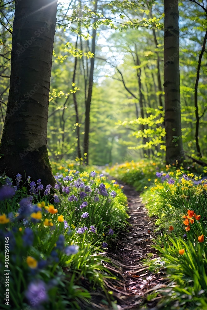 spring forest with blooming plants bathed in golden morning light spring forest with blooming plants bathed in golden morning light