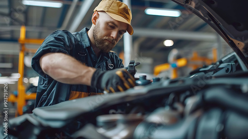 Mechanic fixing a car in a garage, featuring a clean and organized workspace with modern equipment, highlighting efficient and skilled automotive service