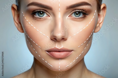 Close-up of a face with threads and arrows illustrating a non-surgical thread facelift procedure for facial contouring and skin rejuvenation, representing plastic surgery and beauty concepts. photo