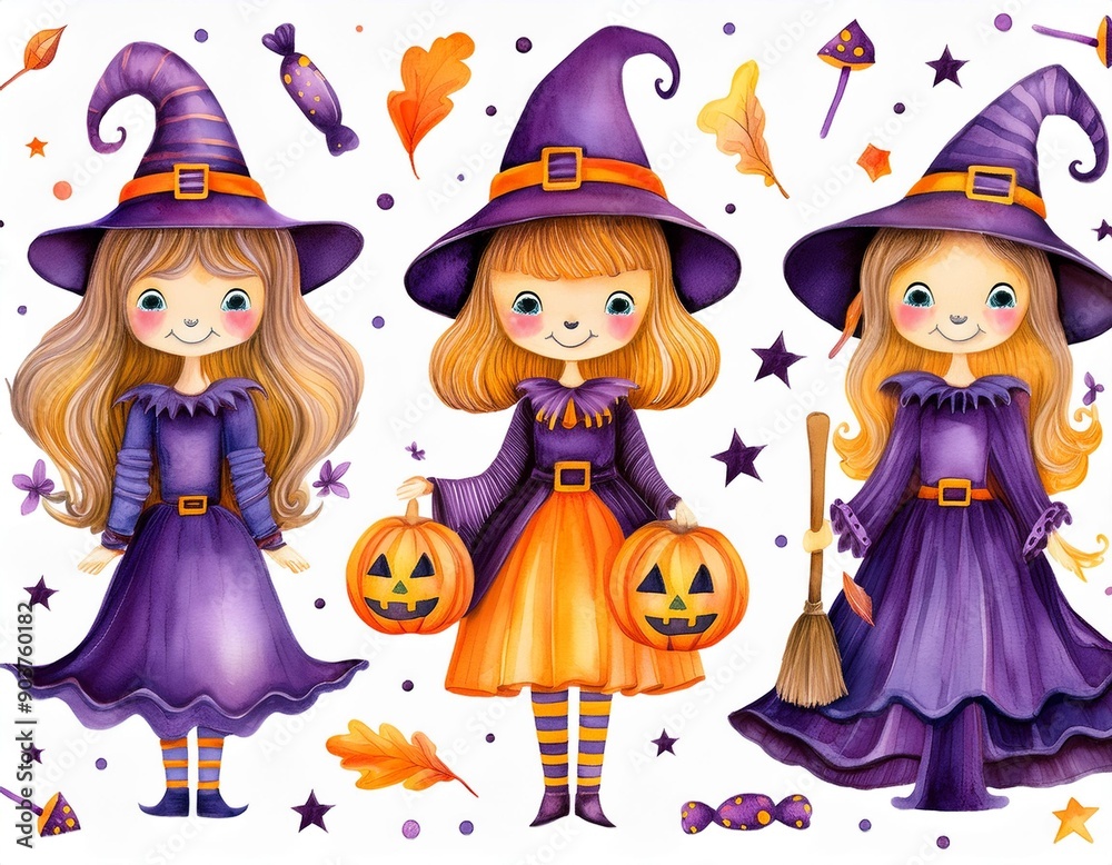 Set of cute watercolor Halloween's Day elements. Isolated on white background. Can be used for Halloween's day, greeting cards and invitations. Hand drawn watercolor illustration. Set of cute watercolor Halloween's Day elements. Isolated on white background. Can be used for Halloween's day, greeting cards and invitations. Hand drawn watercolor illustration.