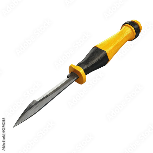 Yellow-handled utility knife with a sharp blade with isolated white background, ideal for cutting and carving tasks. Perfect for DIY projects, home repairs, and professional toolkits