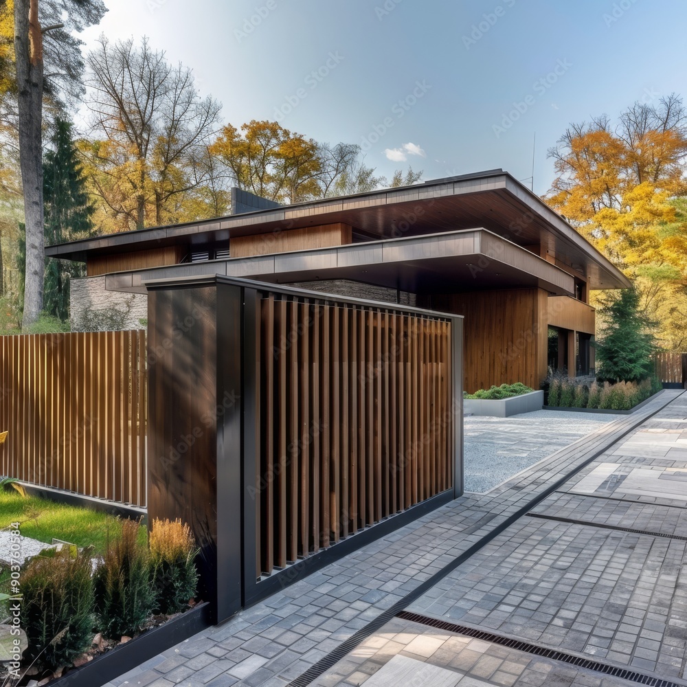 Fototapeta premium Modern wooden house surrounded by autumn foliage, showcasing sleek architectural design and natural materials.