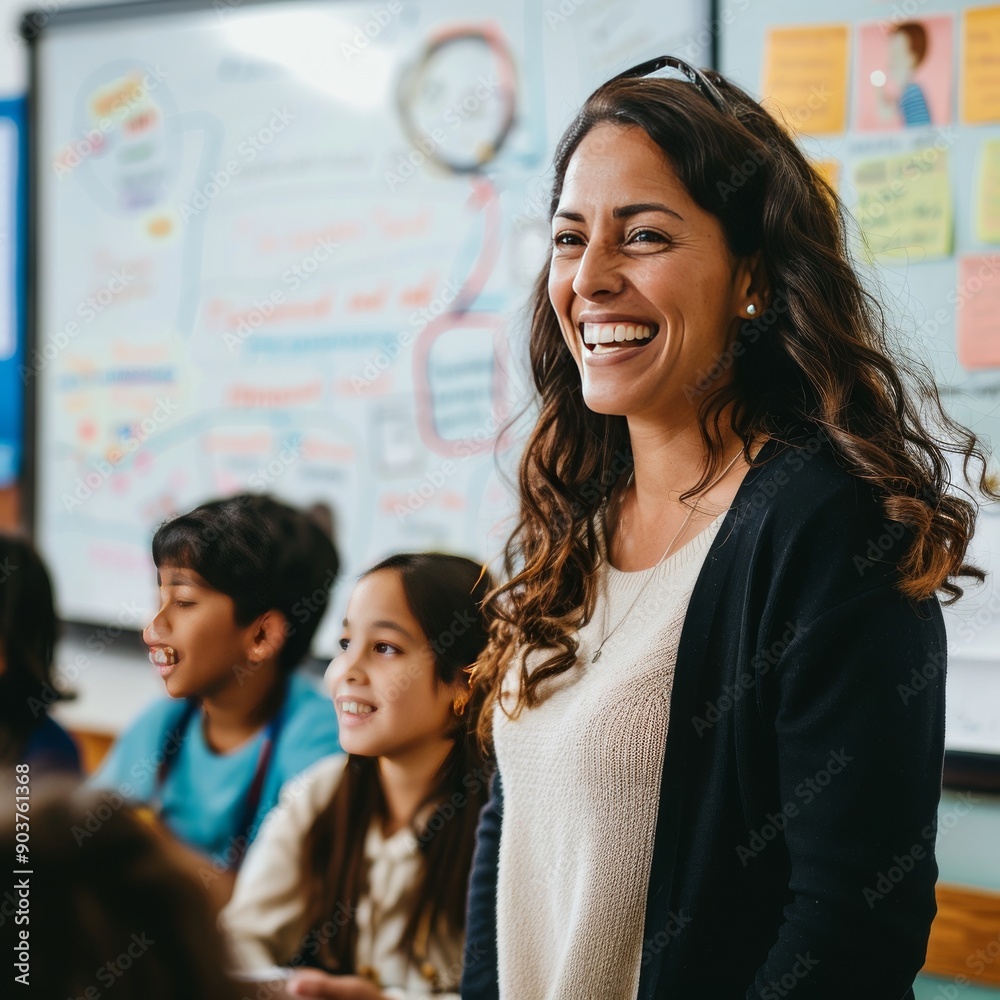 Obraz premium Smiling woman with long curly hair, engaging with students in a vibrant classroom filled with colorful notes.