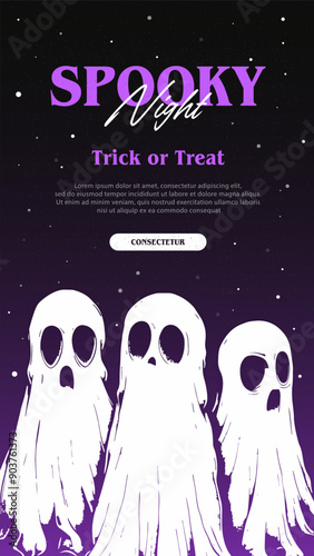 Halloween trick or treat banner with ghost and bats. Vector illustration