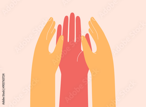 Three human hands put together to each other. Concept of cooperation, togetherness, partnership, agreement, teamwork, solidarity or awareness movement. Vector illustration.