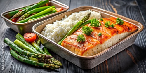 Freshly prepared healthy meal in a container featuring grilled salmon, steamed asparagus, and white rice, ideal for a balanced diet and catering services.