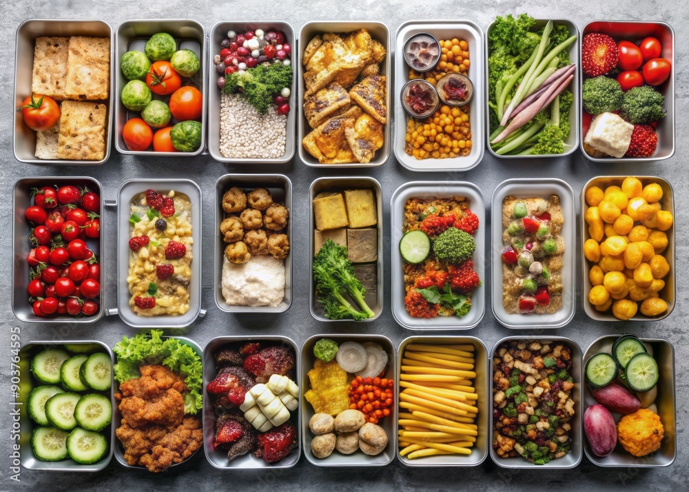 Assortment of 20 healthy food foil boxes, daily meal kits, and snacks, featuring meat, vegetables, and fatty treats, arranged artfully from above. Assortment of 20 healthy food foil boxes, daily meal kits, and snacks, featuring meat, vegetables, and fatty treats, arranged artfully from above.
