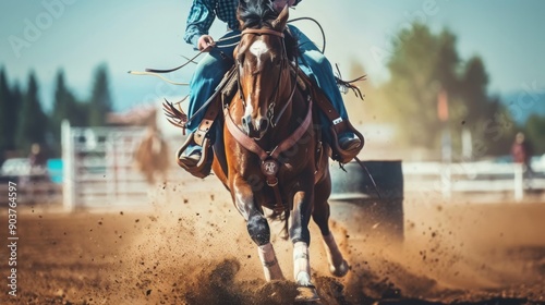 A cowboy competes in a barrel racing event, riding a strong horse kicking up dust in a lively arena, showcasing speed and skill under clear skies.