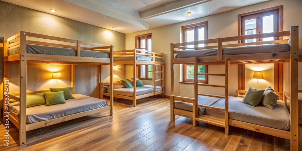 Inviting hostel room with wooden bunk beds, soft warm lighting, and comforting colors, creating a cozy atmosphere perfect for families and friends to relax together. Inviting hostel room with wooden bunk beds, soft warm lighting, and comforting colors, creating a cozy atmosphere perfect for families and friends to relax together.