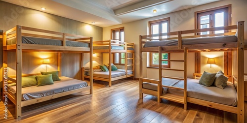 Inviting hostel room with wooden bunk beds, soft warm lighting, and comforting colors, creating a cozy atmosphere perfect for families and friends to relax together. photo